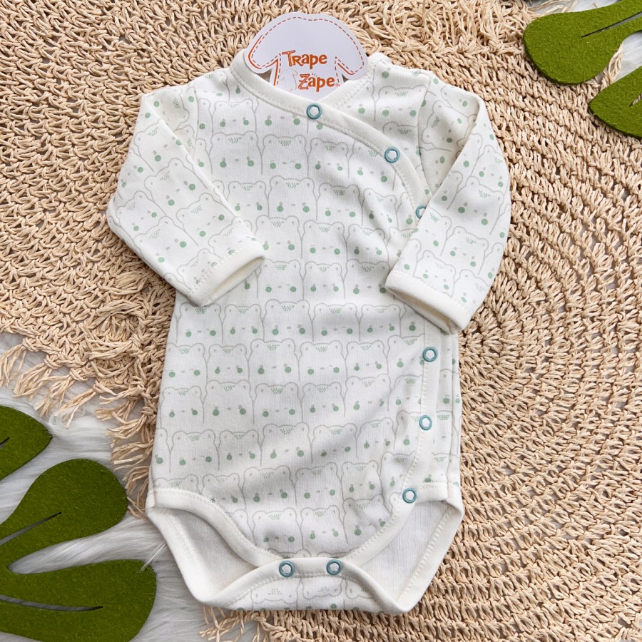 Body Kimono Manga Longa - Ursinhos - Off White e Verde